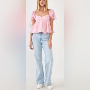 English Factory WOMEN'S WOVEN PUFF SLEEVE PEPLUM BLOUSE